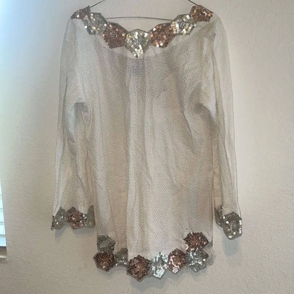 NWT New - White Cover Up Dress - Sequin Gold & Silver Tie Back - Size Small